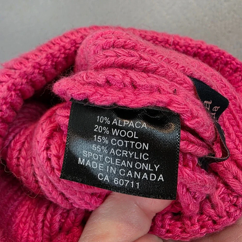 Norla Canada Hot Pink Alpaca Wool Blend Ribbed Knit Beanie Faux Fur Pom Pom Hat